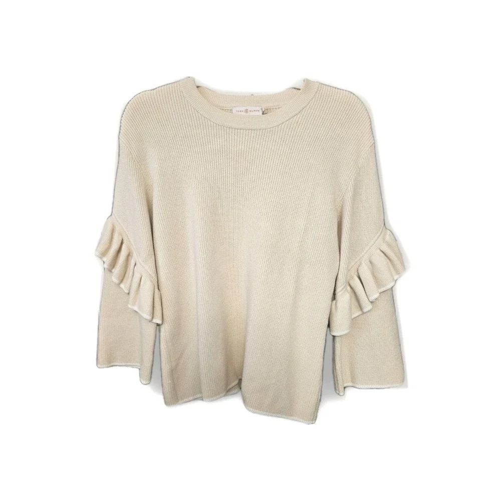 Tory Burch‎ Ashley Cream Ruffle Sweater Medium Minimalist Cottagecore Quiet #304